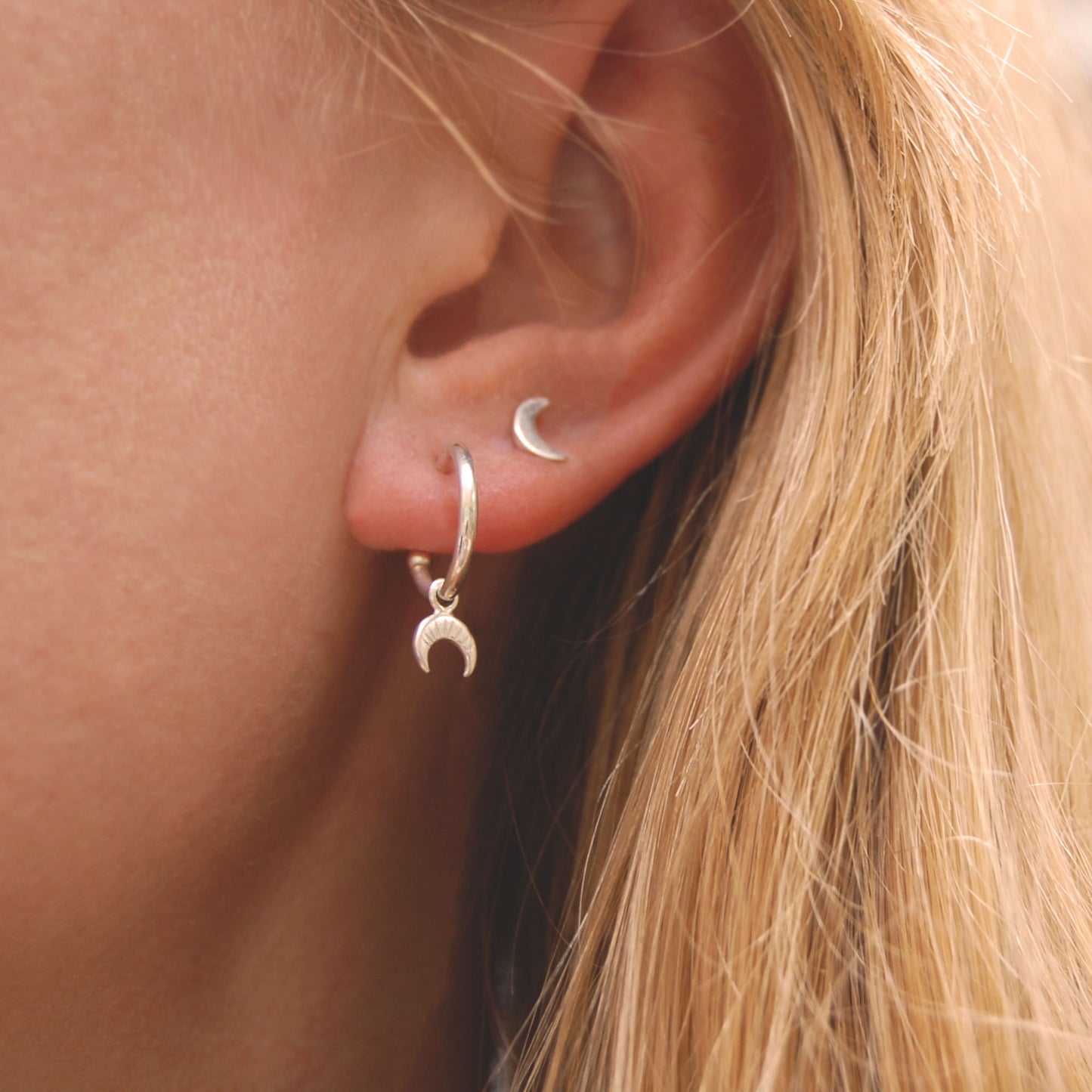 Tiny Crescent Moon Charm Hoop Earrings