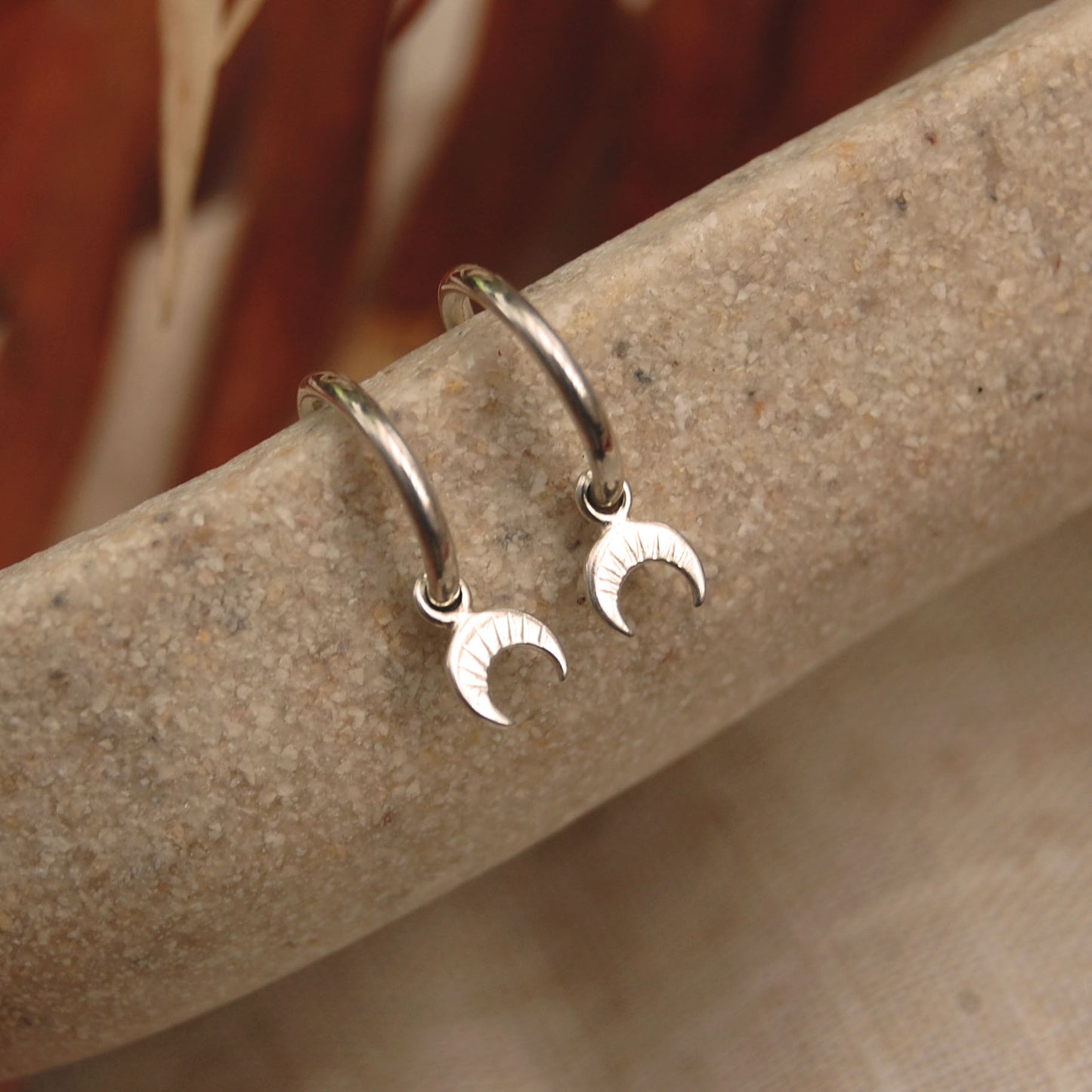 Tiny Crescent Moon Charm Hoop Earrings