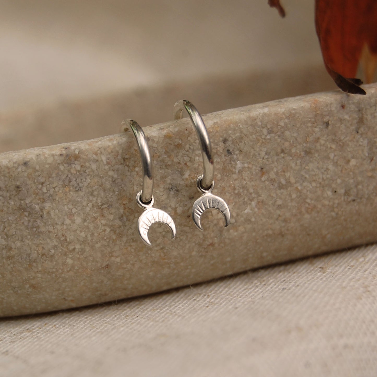 Tiny Crescent Moon Charm Hoop Earrings