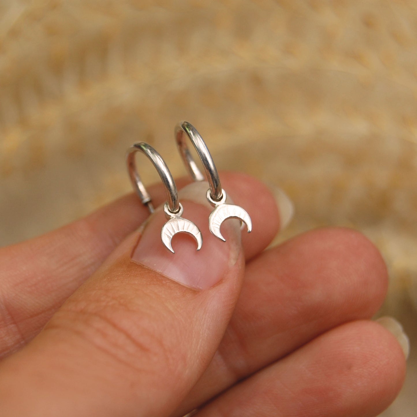 Tiny Crescent Moon Charm Hoop Earrings
