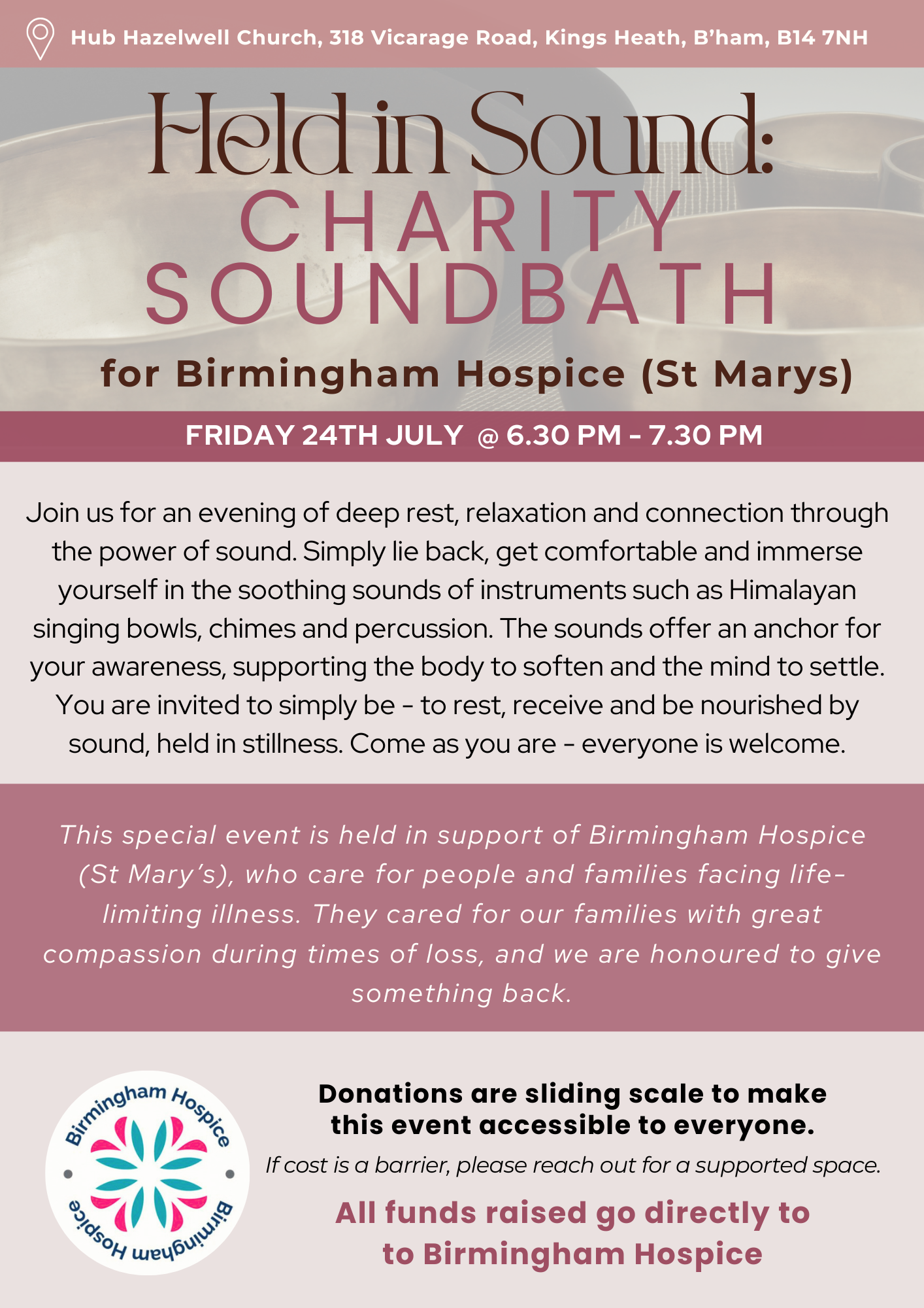 Held in Sound: Charity Soundbath for Birmingham Hospice (St Mary's) on 24th July