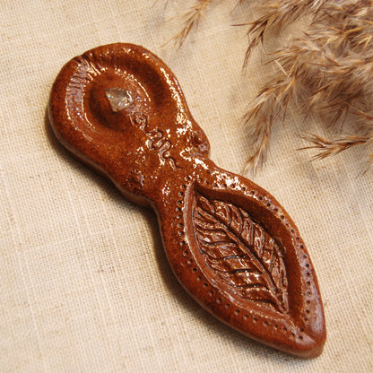 Leaf Goddess with Rose Quartz Crystal Altar Ornament | Handcrafted from Clay