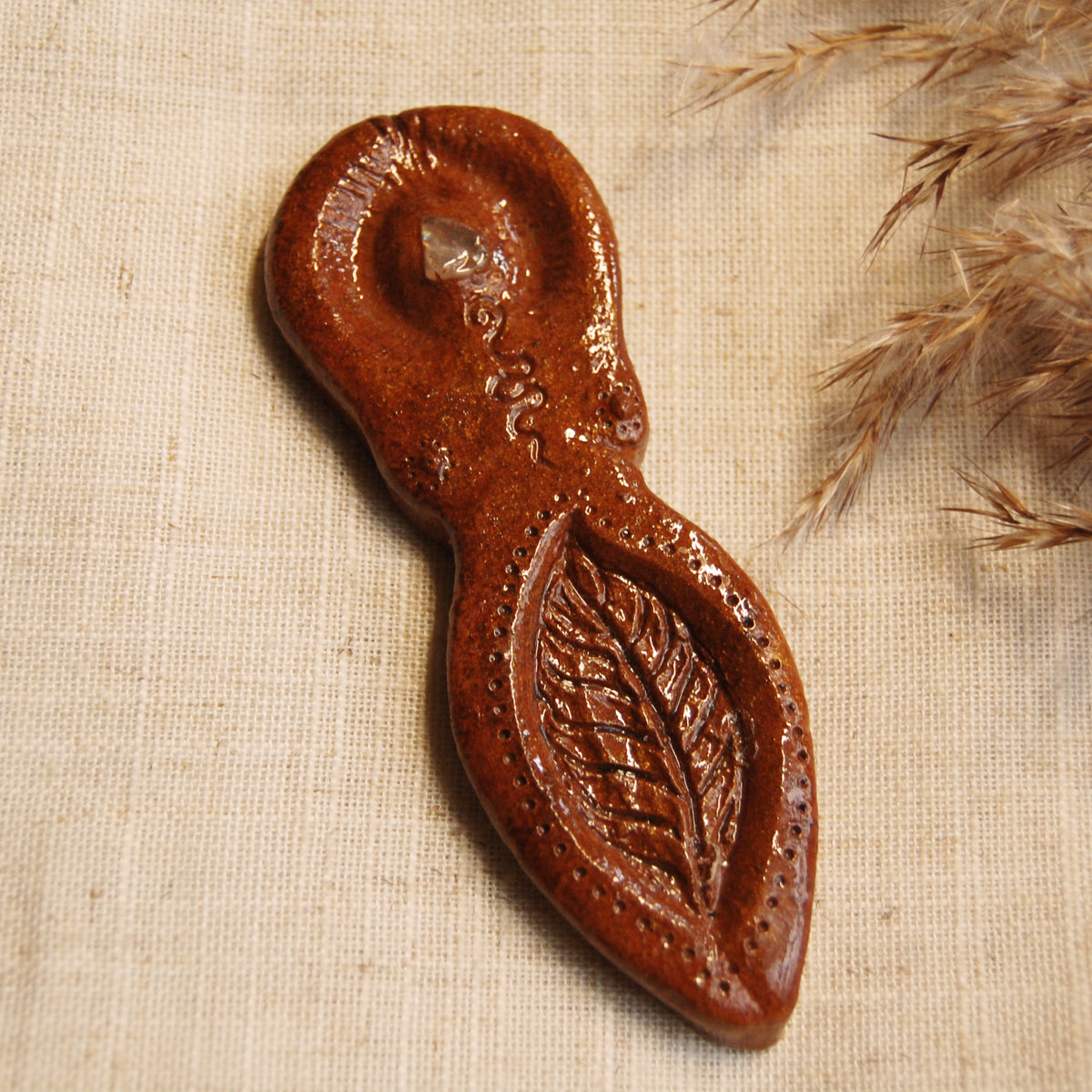 Leaf Goddess with Rose Quartz Crystal Altar Ornament | Handcrafted from Clay
