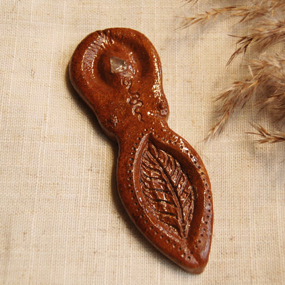 Leaf Goddess with Rose Quartz Crystal Altar Ornament | Handcrafted from Clay