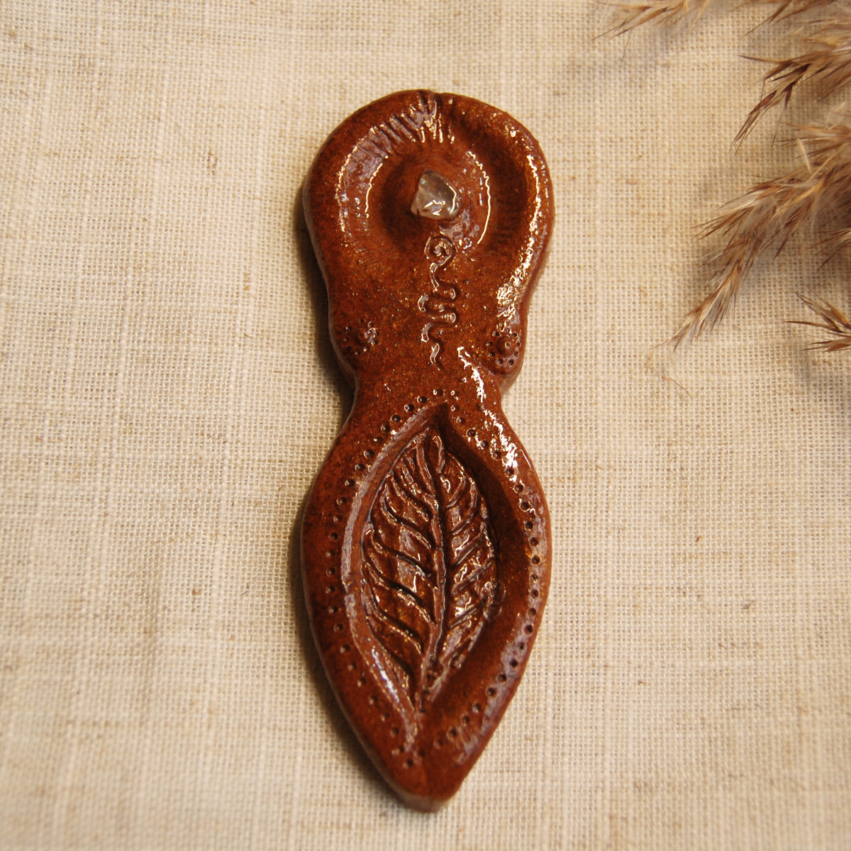 Leaf Goddess with Rose Quartz Crystal Altar Ornament | Handcrafted from Clay