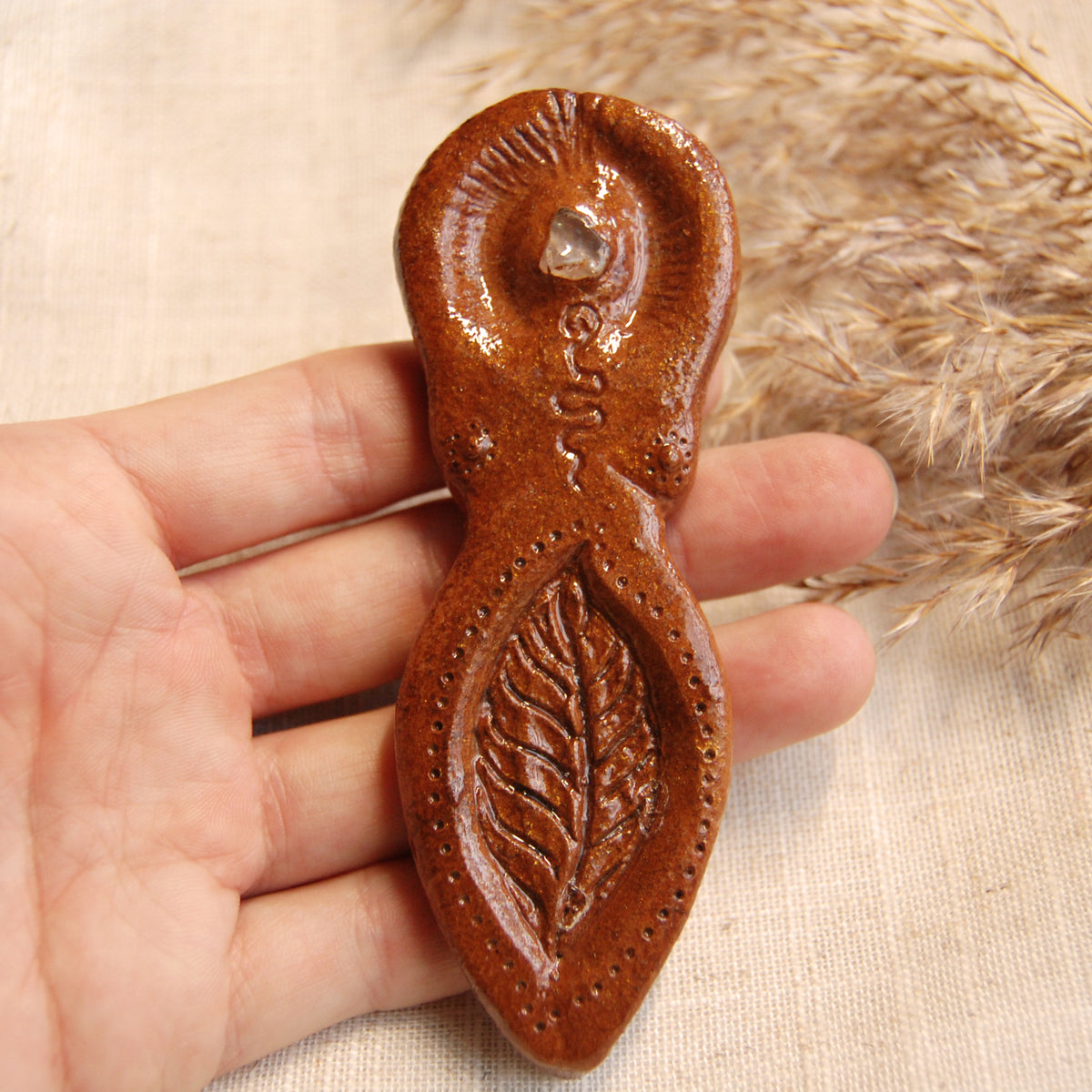 Leaf Goddess with Rose Quartz Crystal Altar Ornament | Handcrafted from Clay
