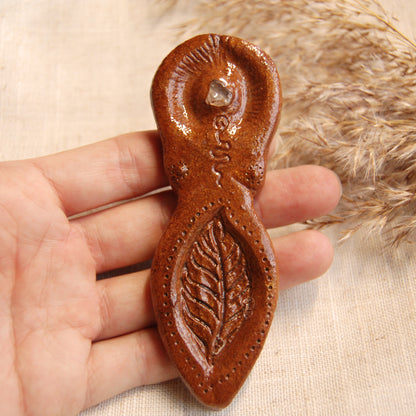 Leaf Goddess with Rose Quartz Crystal Altar Ornament | Handcrafted from Clay