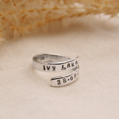 Personalised Silver Hug Open Wrap-Around Adjustable Ring