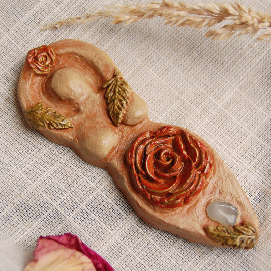 Rose Goddess with Rose Quartz Crystal Altar Ornament | Handcrafted from Clay