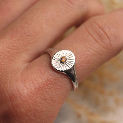 Radiance Sunburst Signet Ring with Birthstone
