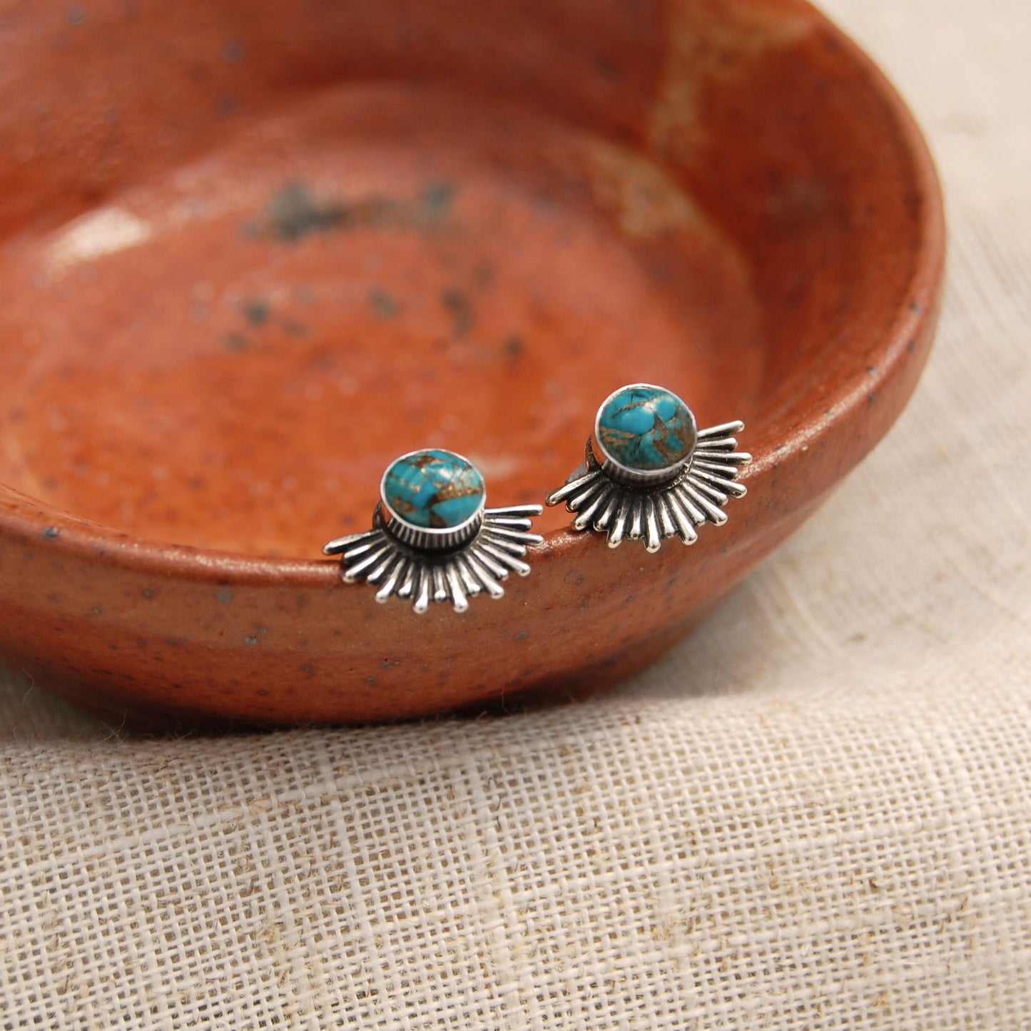 Turquoise Goddess Sunburst Stud Earrings In Silver
