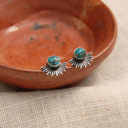 Turquoise Goddess Sunburst Stud Earrings In Silver