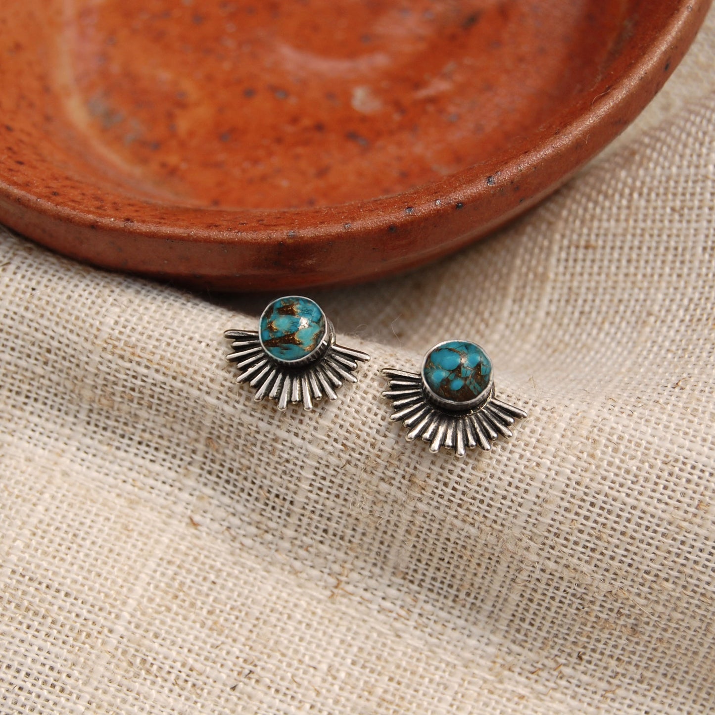 Turquoise Goddess Sunburst Stud Earrings In Silver