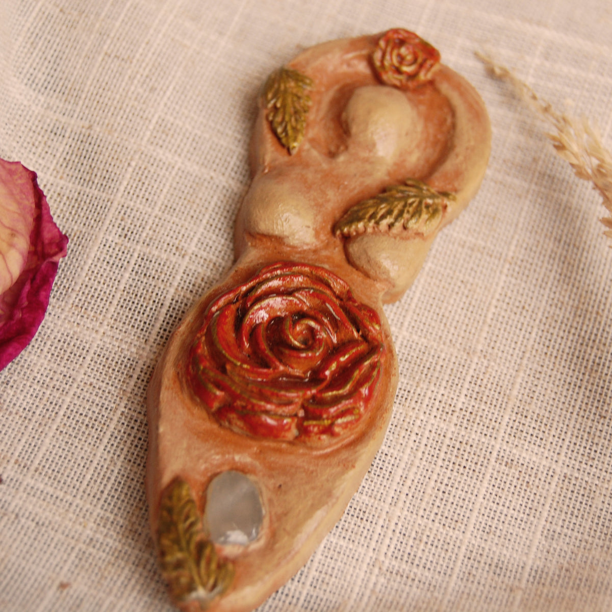 Rose Goddess with Rose Quartz Crystal Altar Ornament | Handcrafted from Clay