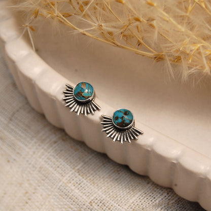 Turquoise Goddess Sunburst Stud Earrings In Silver