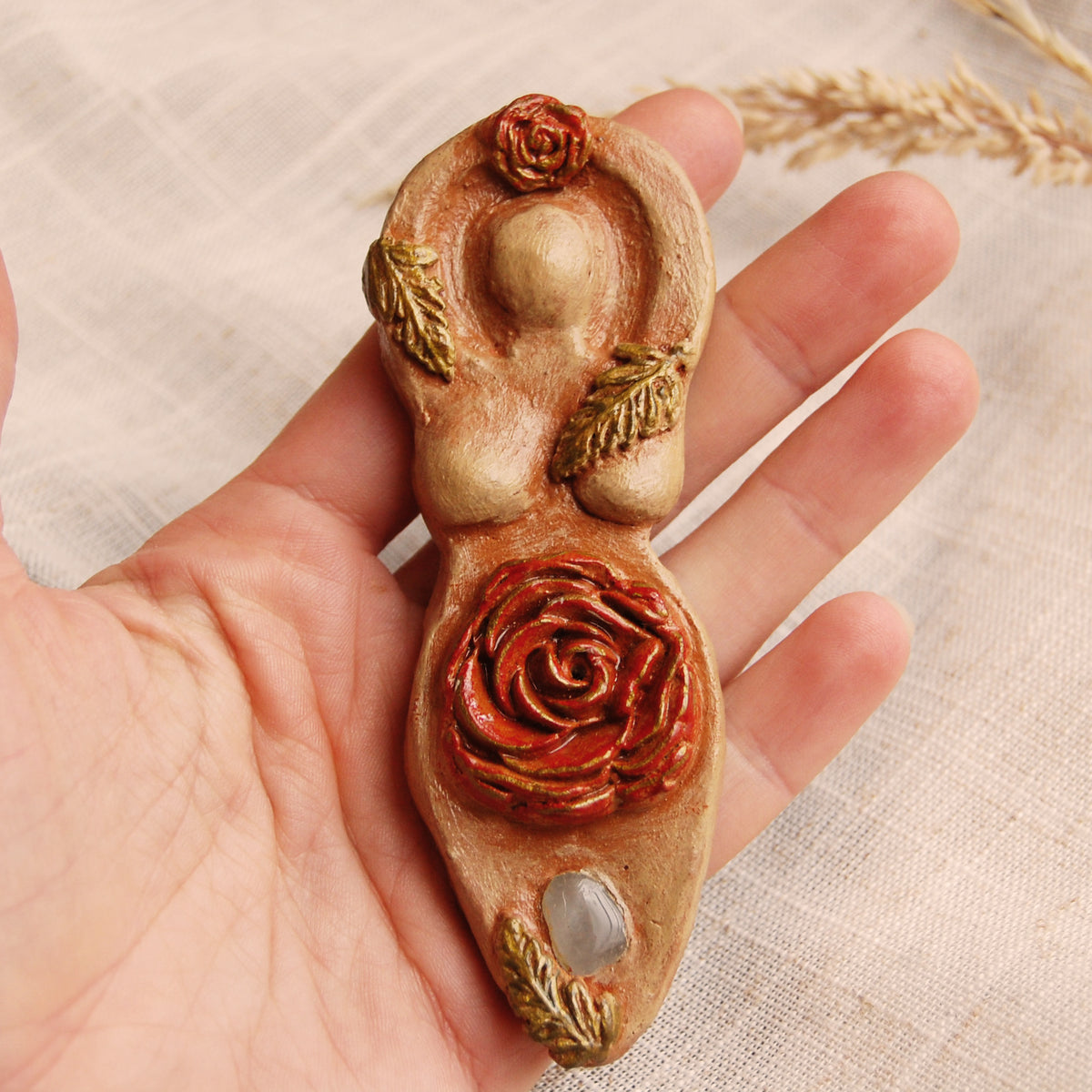 Rose Goddess with Rose Quartz Crystal Altar Ornament | Handcrafted from Clay
