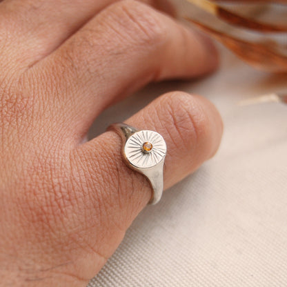 Radiance Sunburst Signet Ring with Birthstone