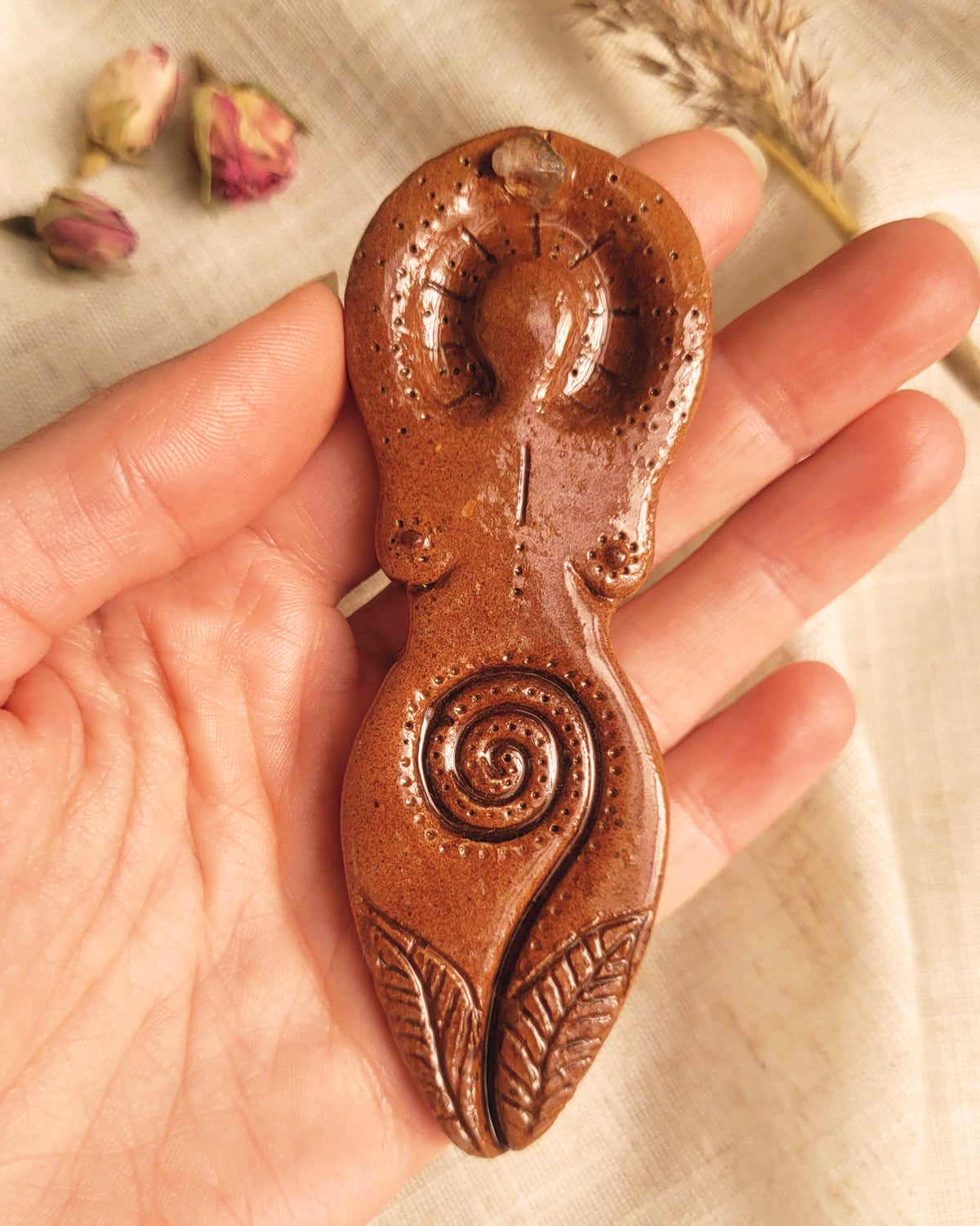 Spiral Fertility Goddess with Rose Quartz Altar Ornament | Handcrafted from Clay