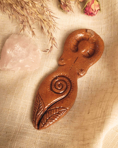 Spiral Fertility Goddess with Rose Quartz Altar Ornament | Handcrafted from Clay
