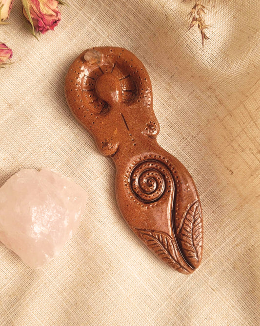 Spiral Fertility Goddess with Rose Quartz Altar Ornament | Handcrafted from Clay